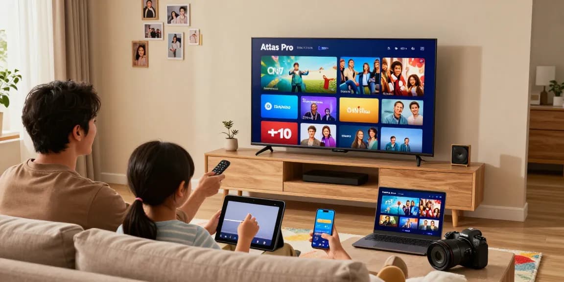 Une famille profitant d'Atlas pro sur Smart TV dans un salon moderne, ambiance chaleureuse.