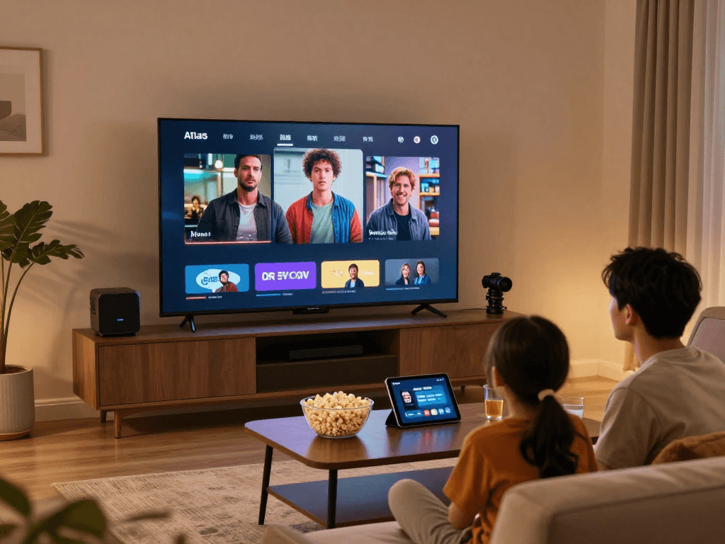 L'expérience familiale avec l'application atlas pro ontv sur grand écran TV pendant une soirée cinéma.