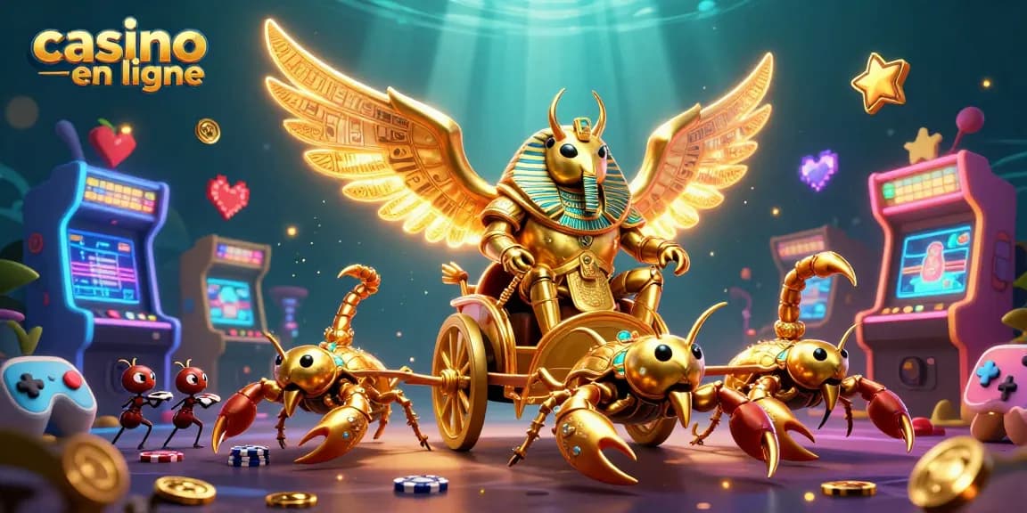 Plongez dans l'univers du casino en ligne avec des scorpions scintillants et un scarabée colossal.