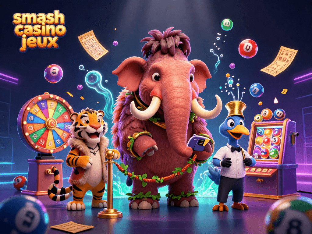 Découvrez les jeux Smash Casino avec une illustration cartoon dynamique d'un bouncer mammouth et un invité VIP dans un monde de jeux.