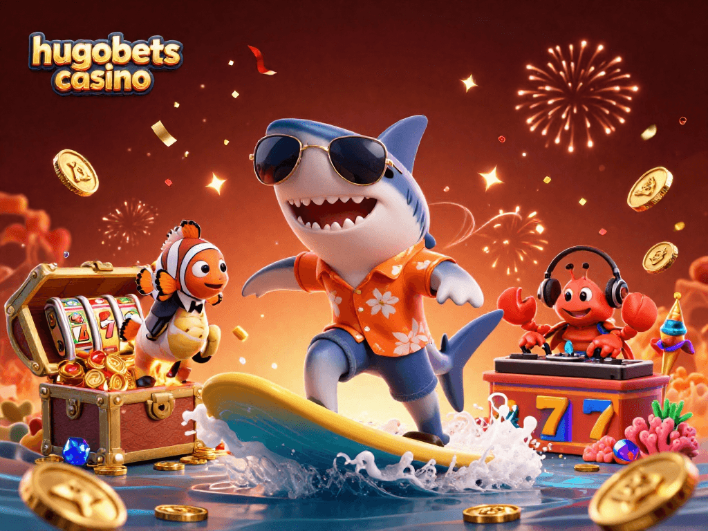 Experience the excitement of hugobets casino with a vibrant underwater celebration scene featuring a hammer-head shark and lucky gaming elements.