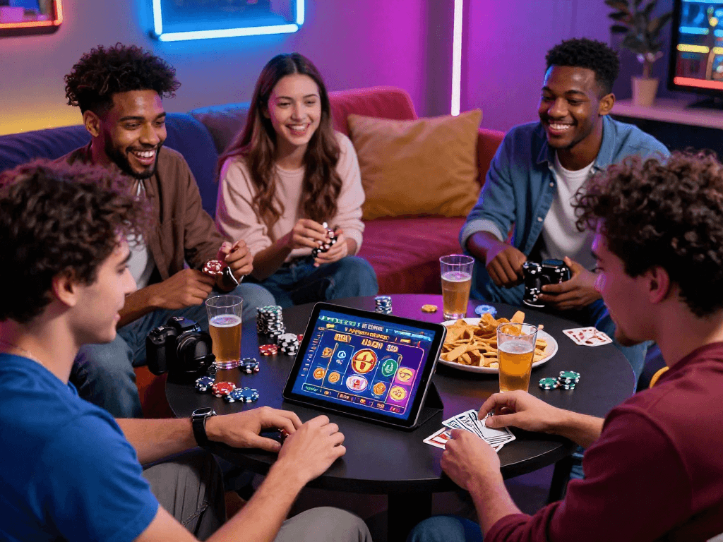 Groupe d'amis jouant ensemble sur un casino en ligne, ambiance vive et conviviale.