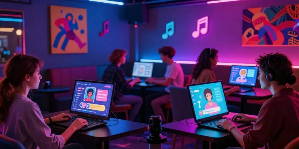 Engaging nightlife scene illustrating free ai slut chat interactions with diverse individuals using futuristic tech devices.