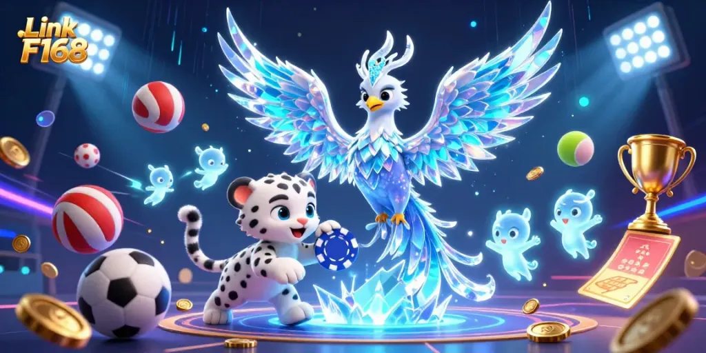 Engage in thrilling gaming at Link F168 with a vibrant illustration showcasing an ice phoenix, sports, and casino elements.