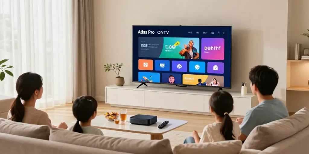 Configuration de divertissement à domicile avec l'application Atlas Pro ONTV affichée sur un téléviseur intelligent dans un salon chaleureux.
