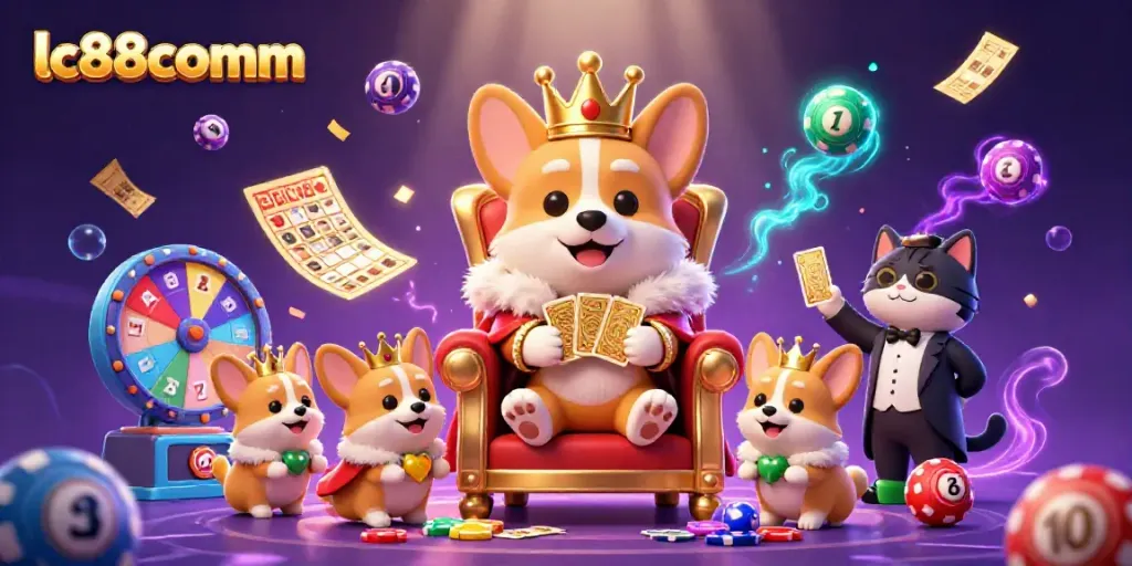 Experience the excitement of gambling with lc88comm featuring a royal corgi amidst colorful casino elements.