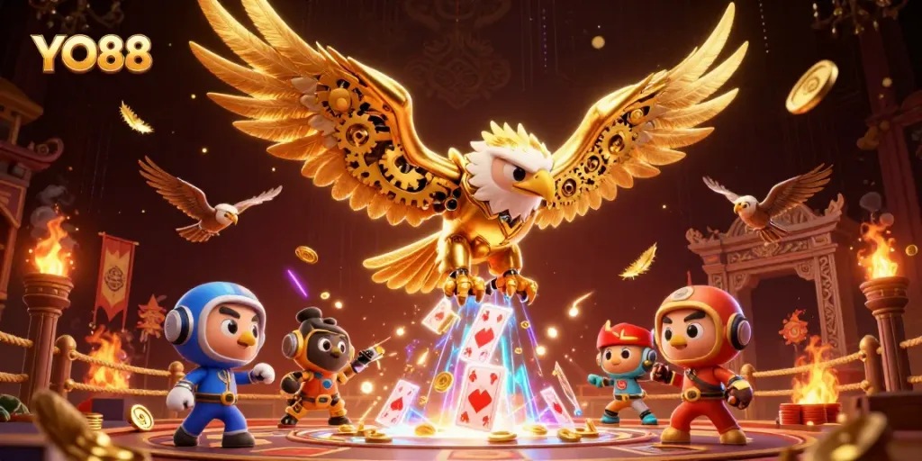 Experience the thrill of YO88 with a 3D golden eagle amidst dynamic casino elements.