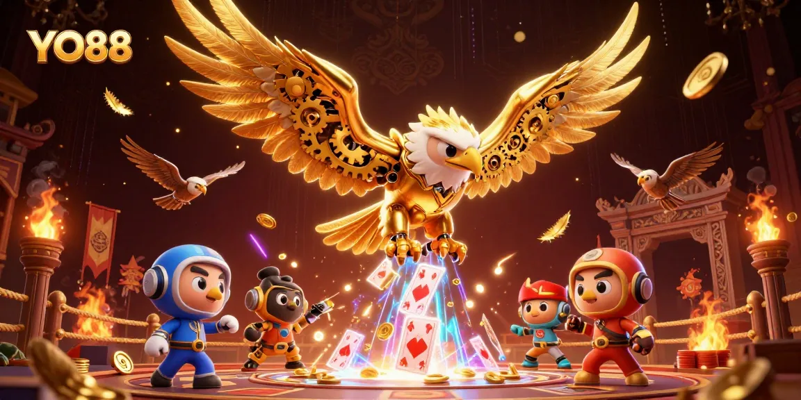 Experience the thrill of YO88 with a 3D golden eagle amidst dynamic casino elements.