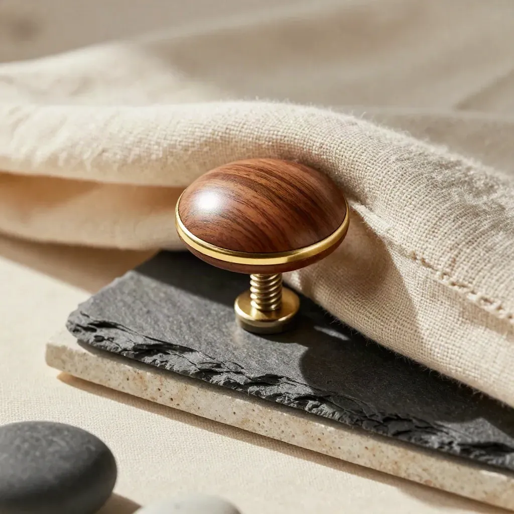 Bouton de meuble en noyer dans du lin froissé, avec une pierre d’ardoise.