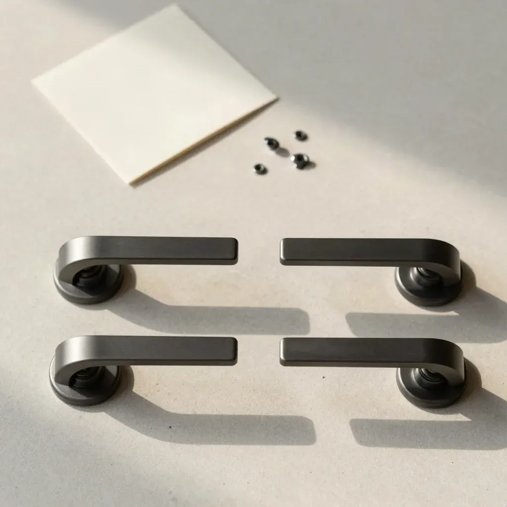 Vue du dessus de deux poignées de porte noires mates avec vis et tige sur une dalle de plâtre pâle.