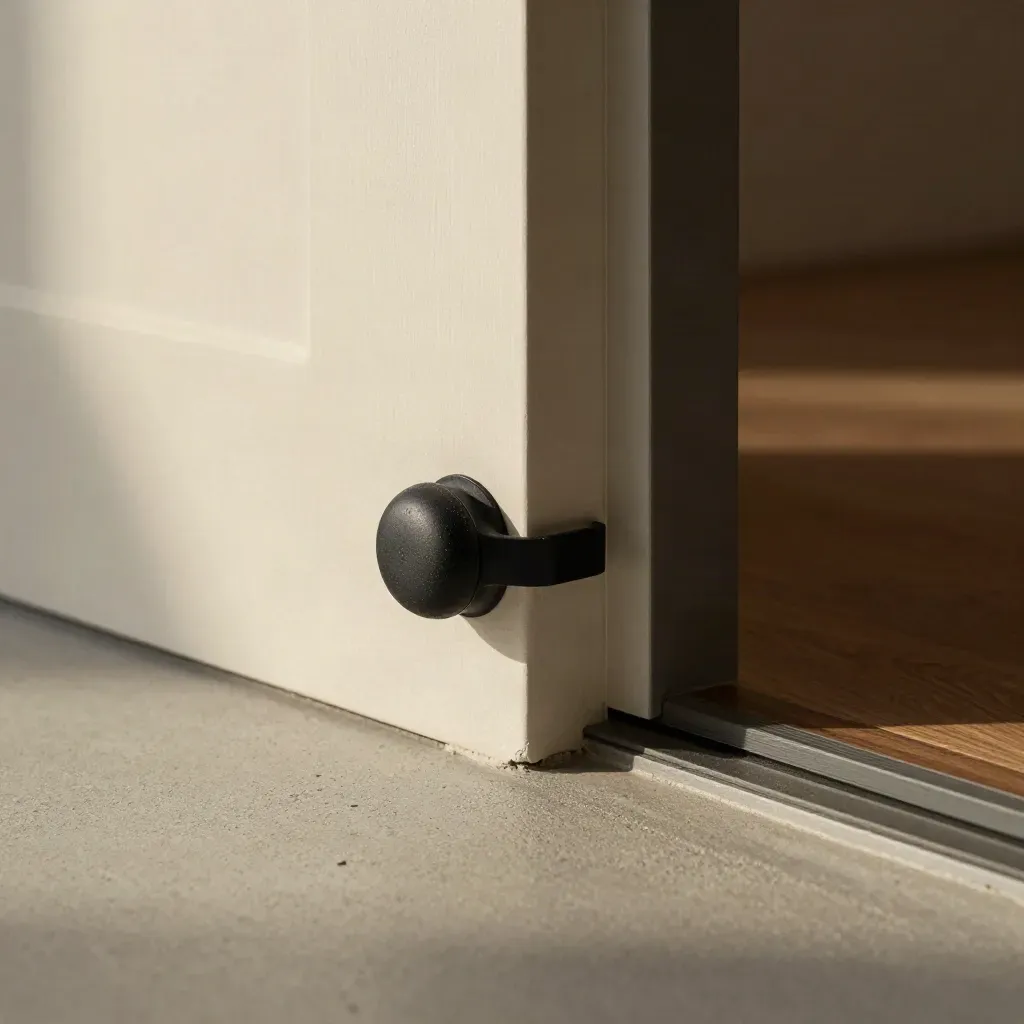 Butée de porte noire sur béton, base de mur pâle et seuil en noyer