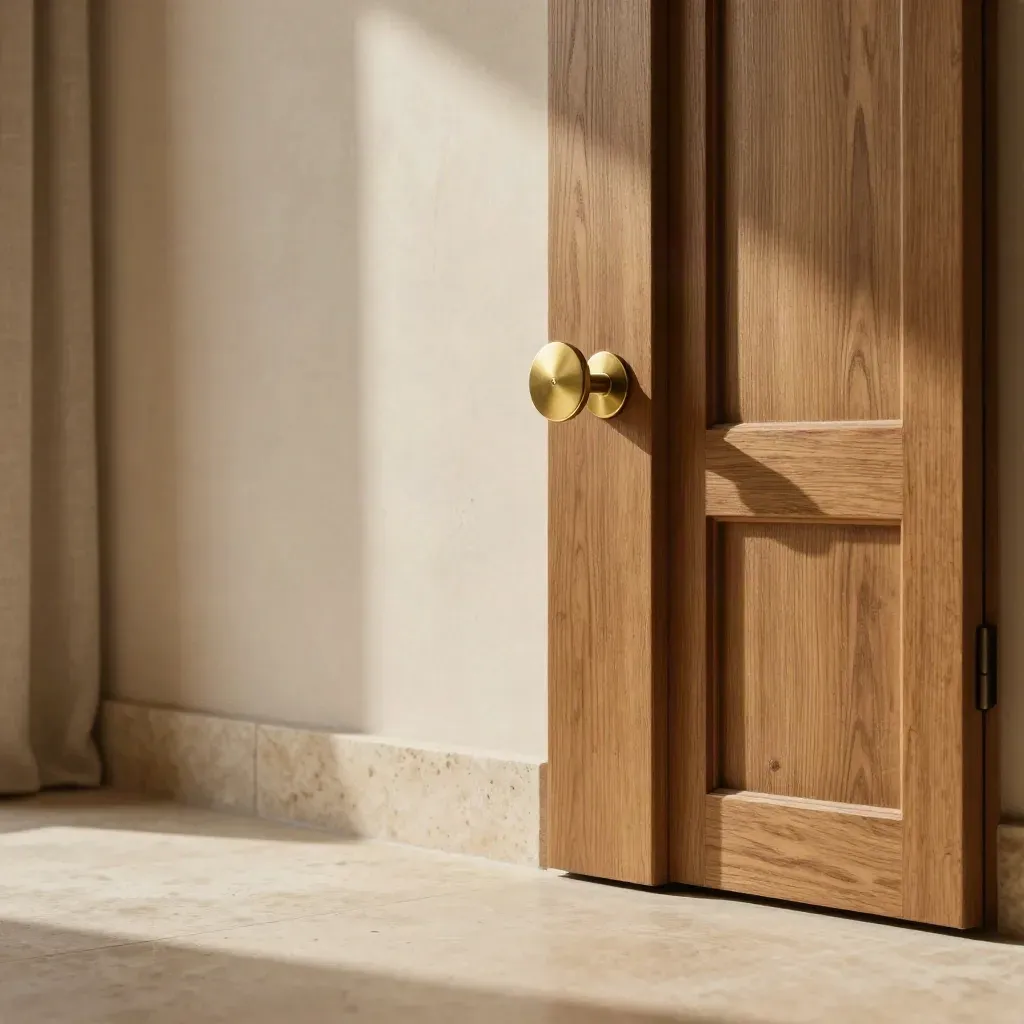 Foyer en pierre claire avec porte en chêne et poignée en laiton, ambiance chaude et calme.