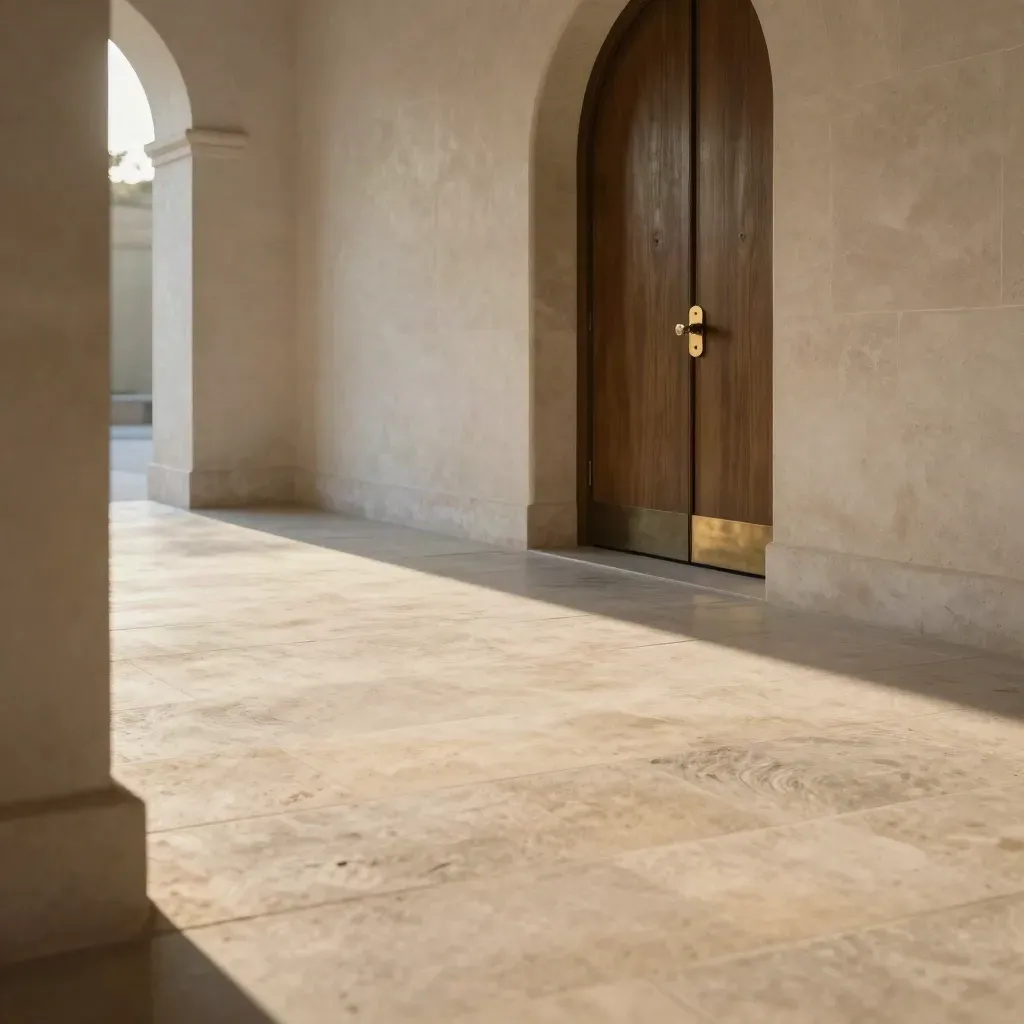 Couloir en pierre baigné de lumière, porte lointaine et serrurerie en laiton brossé.
