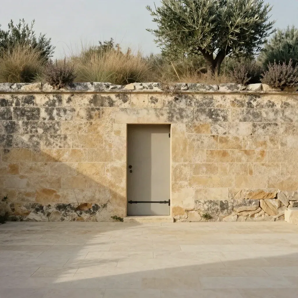 Mur de pierre sablonneuse et porte de cour discrète, herbes sèches floues et sol clair calme.