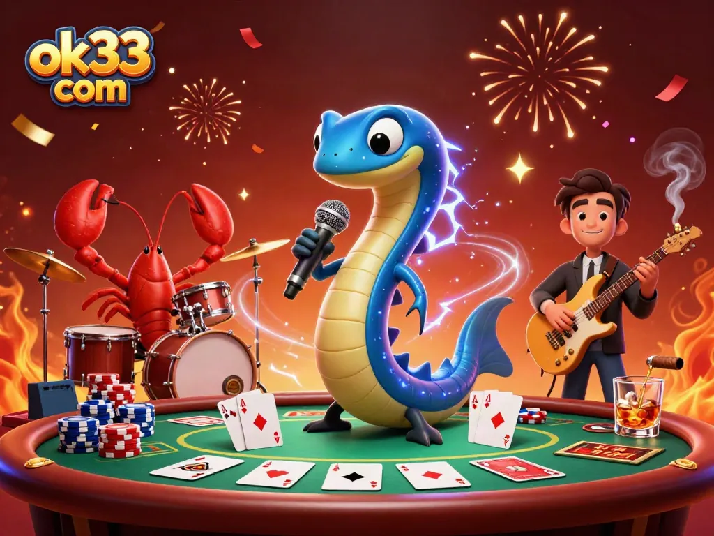 Watch the vibrant 3D casino scene with ok33 com branding featuring an electric eel DJ, lobster drummer, and seahorse guitarist.