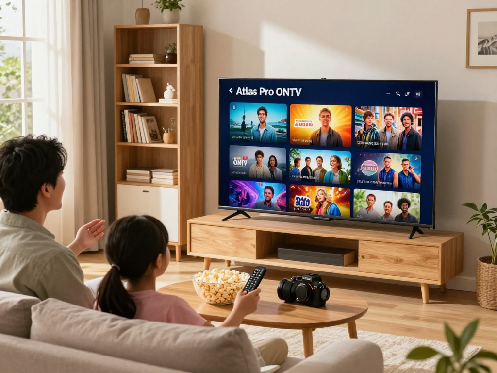 Famille profitant du service Atlas pro dans leur salon, regardant un film sur Smart TV.