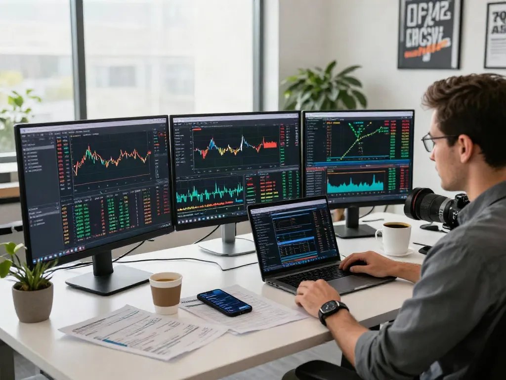 Plateforme de trading en ligne avec essor invexaro affichant des analyses de marché et un trader concentré.