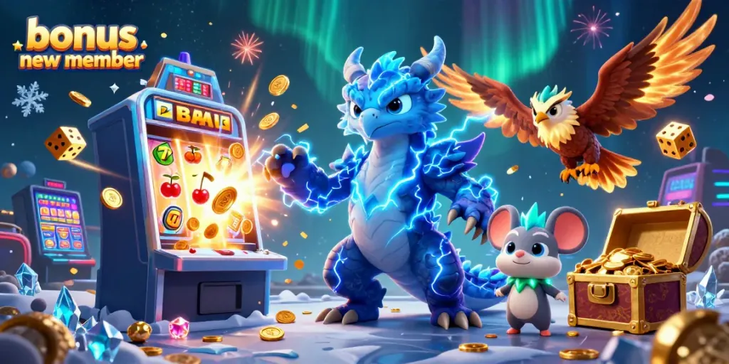 Engage with the exciting bonus new member offer amidst a dynamic casino setting with characters and slot machines bursting with rewards.