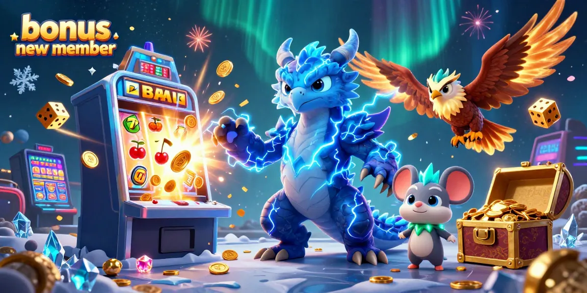 Engage with the exciting bonus new member offer amidst a dynamic casino setting with characters and slot machines bursting with rewards.