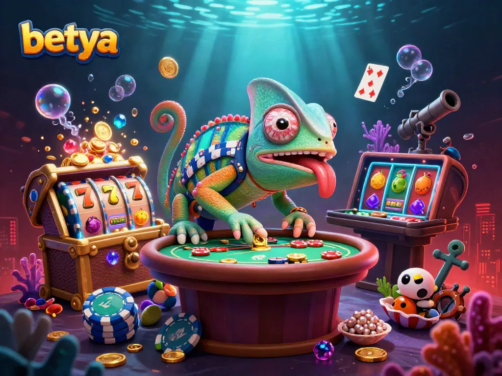 Experience the vibrant world of Betya with a chameleon casino owner surrounded by exciting slot elements.