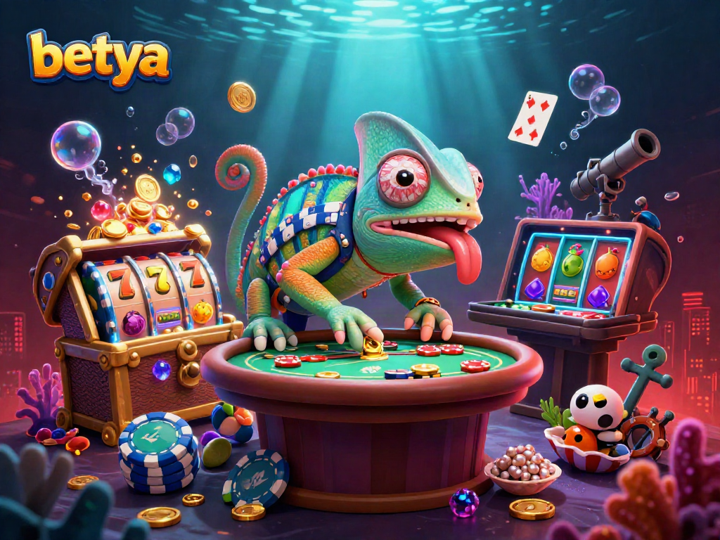 Experience the vibrant world of Betya with a chameleon casino owner surrounded by exciting slot elements.