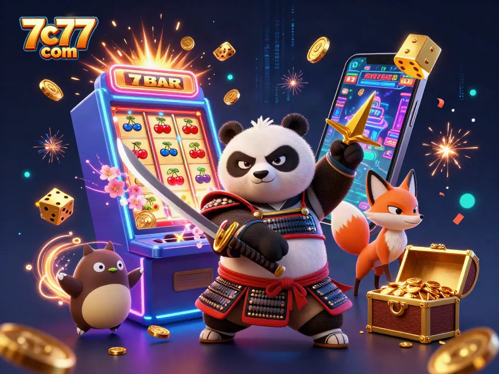 Experience thrilling action with 7c77 com as the cartoon samurai panda and ninja fox explore vibrant casino games and jackpots.